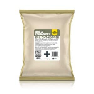 Bagged brewing product labeled 'Brew Enhancer E4 Light-Hopped' with Mangrove Jack's logo; malt extract powder, 1 kg net weight.