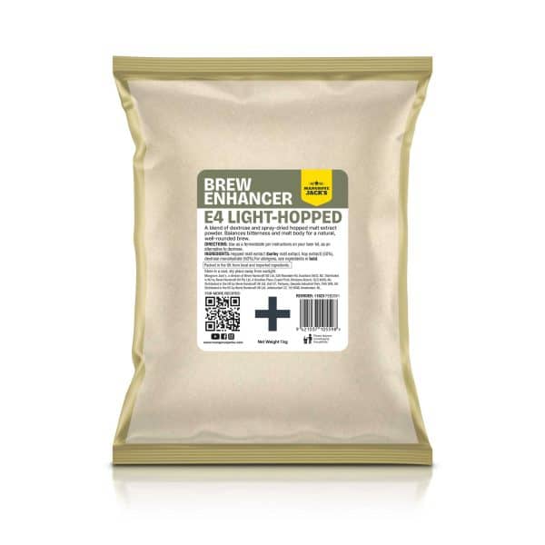 Bagged brewing product labeled 'Brew Enhancer E4 Light-Hopped' with Mangrove Jack's logo; malt extract powder, 1 kg net weight.