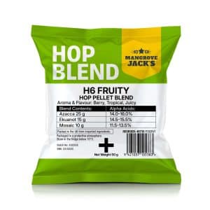 Green pouch labeled Hop Blend from Mango Jack's, containing hop pellets (net weight 50 g) with berry-tropical-juicy aroma; H6 Fruity hop pellet blend.