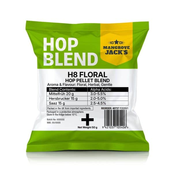 Mangrove Jack's Hop Blend H8 Floral Hop Pellet Blend packaging, 50 g net weight (green and yellow bag).