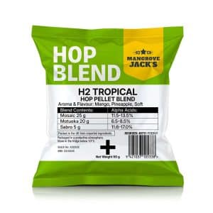 Front of Mangrove Jack's Hop Blend H2 Tropical hop pellet bag; green and white packaging with bold 'HOP BLEND' and 50 g net weight visible, plus barcode area.