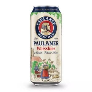 Can of Paulaner Weissbier (Munich Wheat Beer) with vintage illustration and logo on a white background