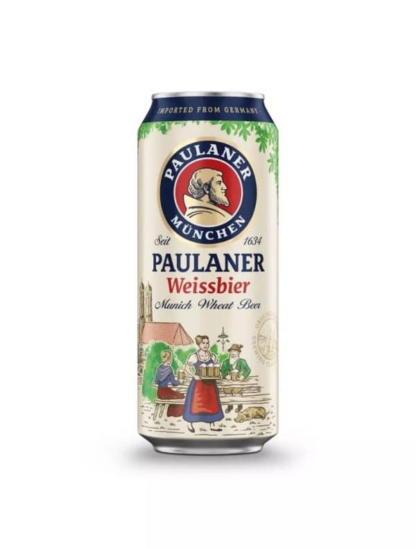 Can of Paulaner Weissbier (Munich Wheat Beer) with vintage illustration and logo on a white background