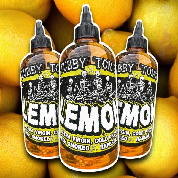 Three brown dropper bottles with black caps and a bold skeleton-themed label, set against a background of yellow lemons.