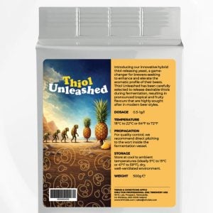 Container of Thiol Unleashed hybrid beer yeast for brewing, with orange instruction panel on the label.