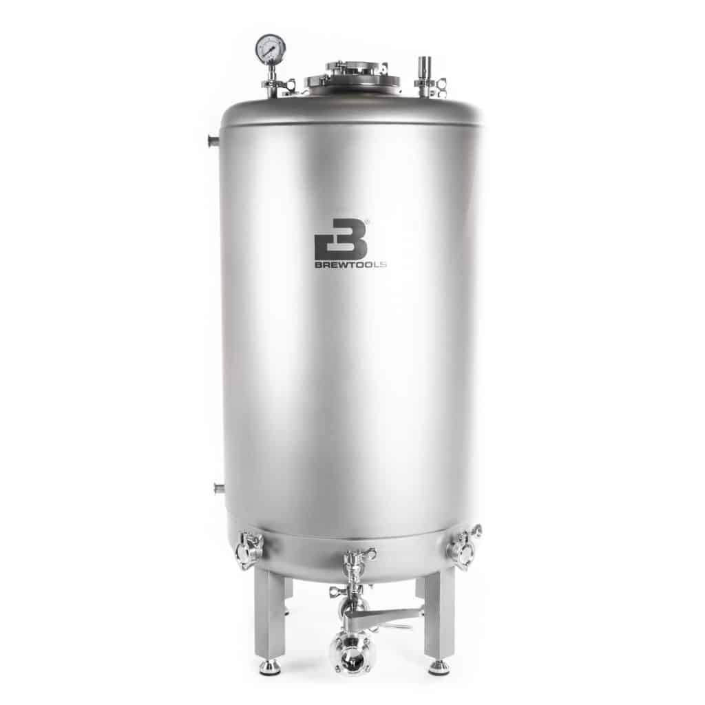 Stainless steel brewing kettle on a metal stand with a pressure gauge and clamps; BrewTools logo visible on the side.