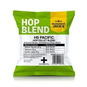 Mangrove Jack's H5 Pacific Hop Pellet Blend bag, green and white, front label visible with product name and net weight 50 g