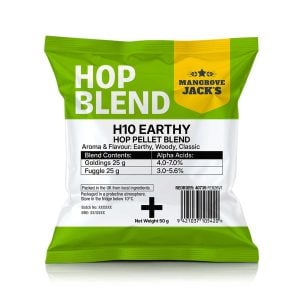 Green and white bag labeled Hop Blend, H10 Earthy Hop Pellet Blend by Mangrove Jack's, with blend contents table on the front.