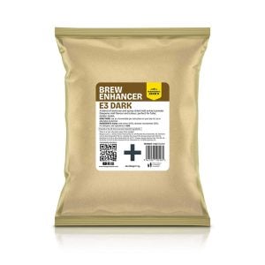 Gold-colored bag labeled 'Brew Enhancer E3 Dark'—a coffee additive product with a white label, barcode and QR code on the front.