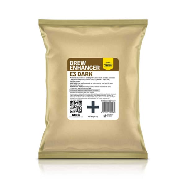 Gold-colored bag labeled 'Brew Enhancer E3 Dark'—a coffee additive product with a white label, barcode and QR code on the front.