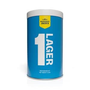 Blue cylindrical beer‑making kit canister labeled Mangrove Jack's Lager with a large white '1 LAGER' text and a yellow brand badge at the top.