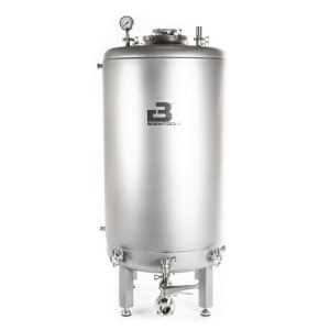 Stainless steel brewing kettle on a metal stand with a pressure gauge and clamps; BrewTools logo visible on the side.