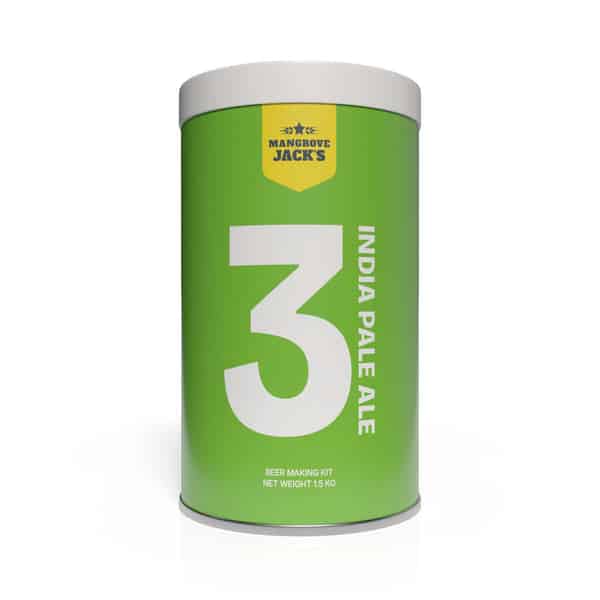 Green Mangrove Jacks India Pale Ale can with a large white '3' on the front and a yellow brand badge at the top, vertical text along the side.