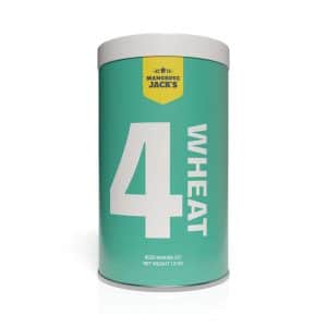 Tall green cylindrical canister with a white lid, labeled '4 WHEAT' and brand text at the top; appears to be a beer‑making kit.