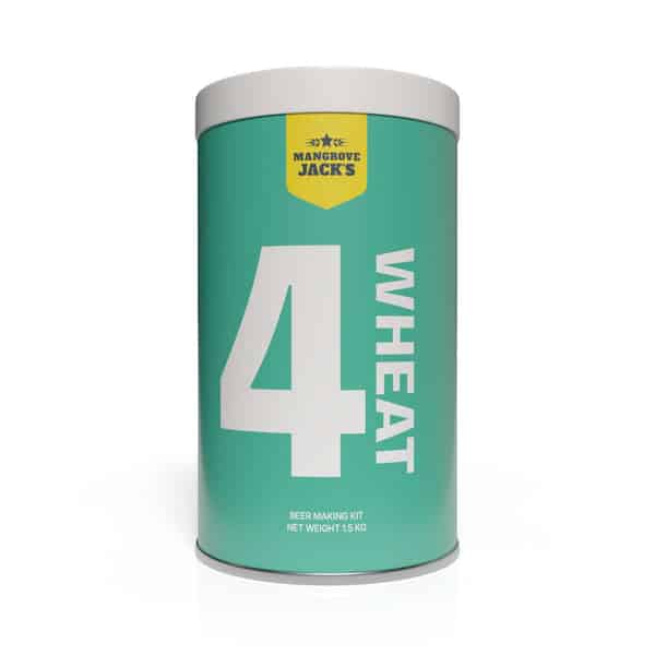 Tall green cylindrical canister with a white lid, labeled '4 WHEAT' and brand text at the top; appears to be a beer‑making kit.