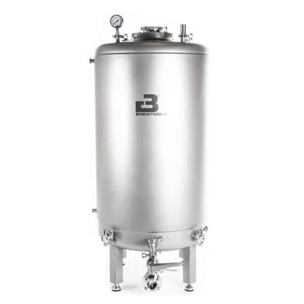 Stainless steel brewing kettle on a metal stand with a pressure gauge and clamps; BrewTools logo visible on the side.