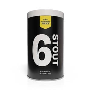 Cylindrical black beer‑making kit tin labeled '6 STOUT' with a large white '6' and 'STOUT' text and a yellow Mangrove Jack's logo on top.
