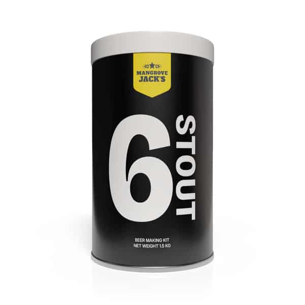 Cylindrical black beer‑making kit tin labeled '6 STOUT' with a large white '6' and 'STOUT' text and a yellow Mangrove Jack's logo on top.