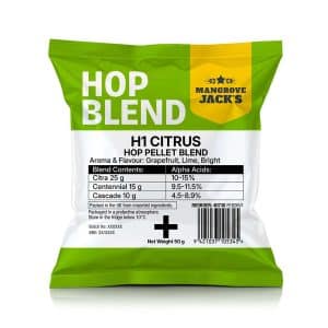 Green Mangrove Jack's Hop Blend bag (H1 Citrus) with yellow accent, labeled aroma/flavor Grapefruit, Lime, Bright; front nutrition table visible